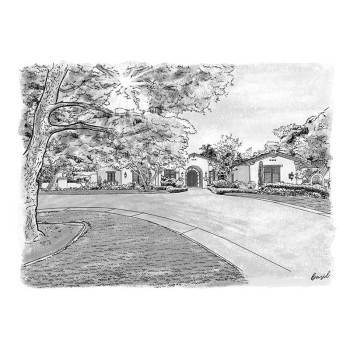 pen and ink black and white rendering of a stucco house