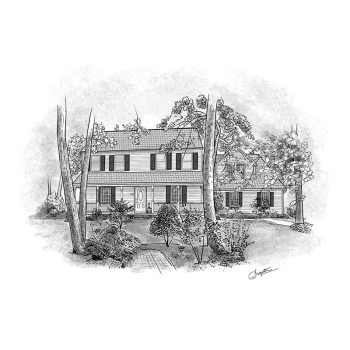 pen and ink in black and white drawing gift of a house