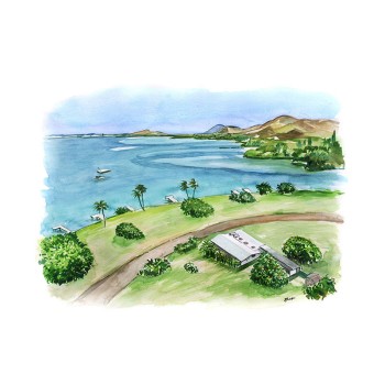 watercolor of elevated view of a house by the coast
