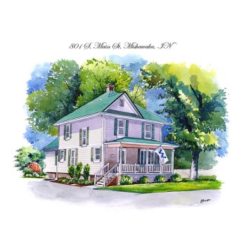 watercolor of house with text address of Mishawaka, IN