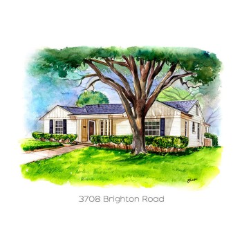 watercolor of a house with text address of Brighton Road