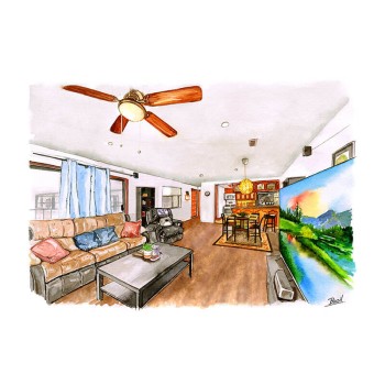 watercolor of an interior living room
