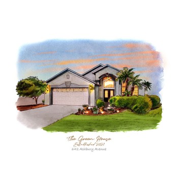 watercolor of a house at sunset with text of The Green House, est. 2021