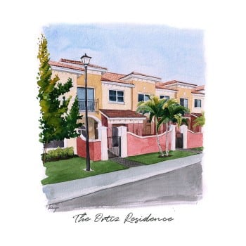 watercolor of a townhouse with text of The Ortiz Residence