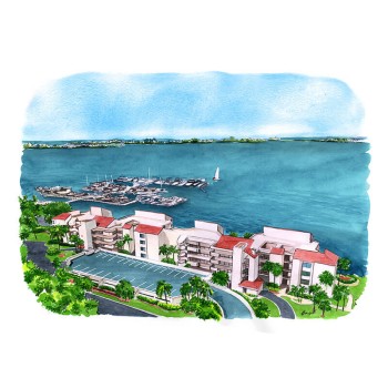 watercolor of a condominium next to a harbor