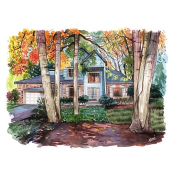 watercolor portrait of a house with trees