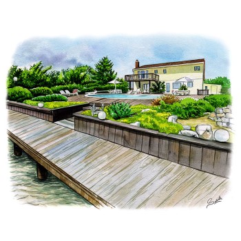 watercolor of a house with backyard pool and boardwalk
