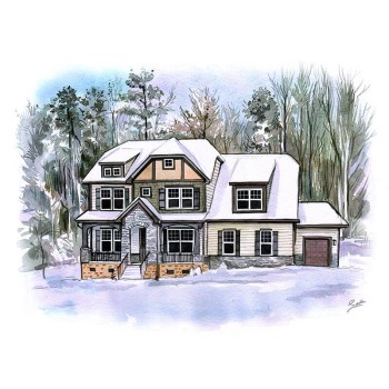 watercolor portrait of a house in winter snow