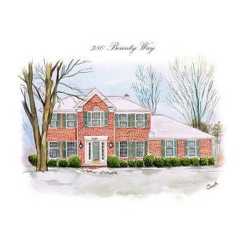 watercolor of a house in winter with text address of Bounty Way