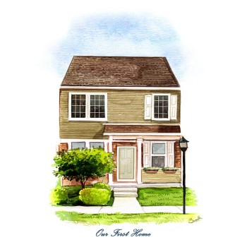 watercolor of a house with text Our FIrst Home
