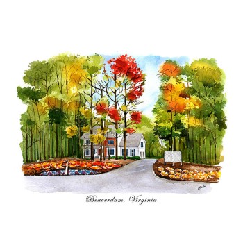 watercolor of a house in the fall with text address of Beaverdam, VA