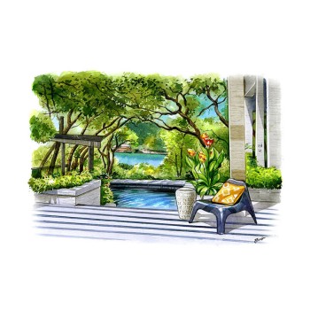 watercolor of contemporary backyard pool