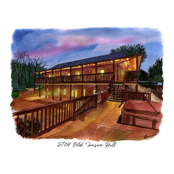 watercolor of a backyard at night with text address Old Frisco Hill