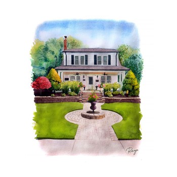 watercolor portrait of a house with a fountain