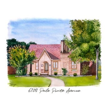 watercolor of a house with text address of Palo Pinto Avenue