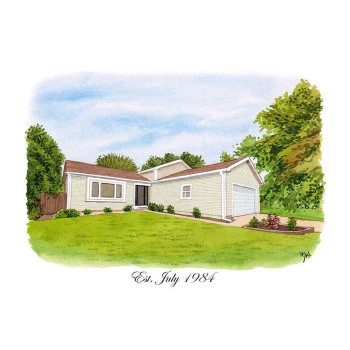 watercolor portrait of a house with text Est. July 1984