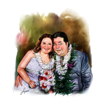 watercolor portrait of a couple with Hawaiian leis