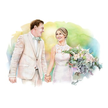 watercolor of a wedding couple holding hands