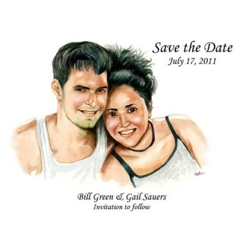 watercolor of a couple with text Save the Date and names