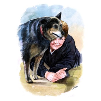 watercolor portrait of a dog with boy 