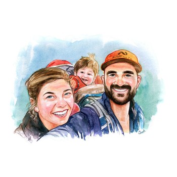 watercolor portrait of a family with baby