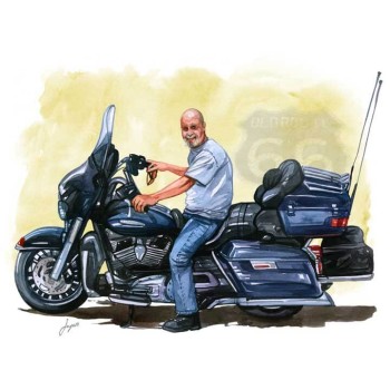 watercolor of a man on motorcycle with Route 66 background