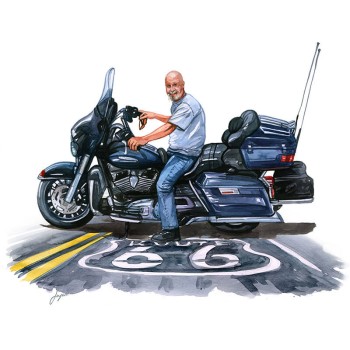 watercolor of a man on a motorcycle and Route 66 emblem