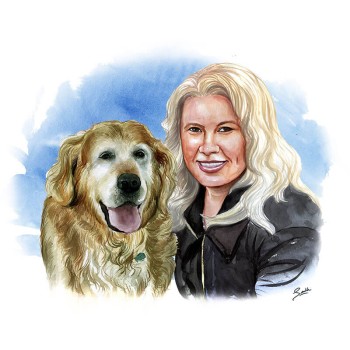 watercolor portrait of a woman with a dog